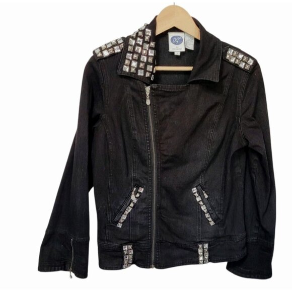 DG2 Moto Jacket M Black Denim Jean Rhinestone Trim Zippers Pockets Epaulets - Picture 4 of 16